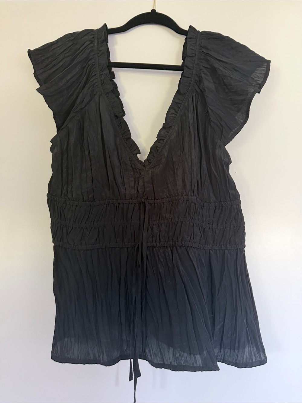 J. Crew Black Ruffled V-Neck Flutter Sleeve Blouse